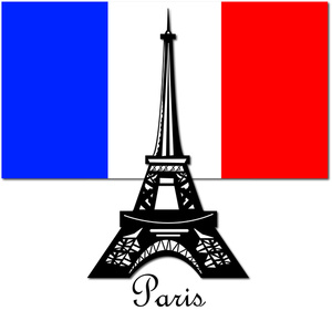 the eiffel tower in paris france over the french flag in blue white and red