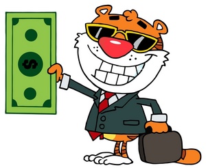 acclaim clipart: a beaming tiger holding a large dollar bill