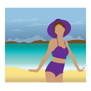 a clip art illustration of a woman on the beach wearing a purple two piece bathing suit and a purple hat and posing