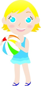 a cute blonde girl holding a colorful beach ball wanting to play