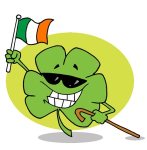acclaim clipart: a four leaf clover wearing sunglasses holding the irish flag and smiling
