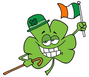 acclaim clipart: a grinning four leaf clover holding the irish flag