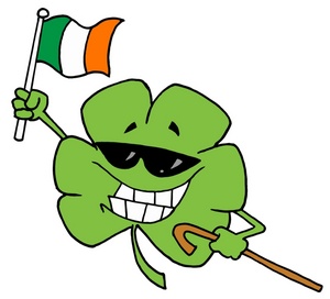 acclaim clipart: a grinning shamrock with sunglasses holding the irish flag