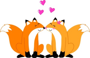 acclaim clipart: a male and female fox nose to nose with floating hearts