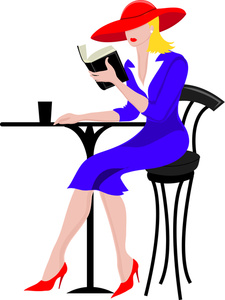 acclaim clipart: a professional woman dressed in a nice blue dress red hat and red shoes sitting at a table and reading a book a cup is sitting on the table