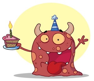 acclaim clipart: a red monster in a party hat with a slice of cake