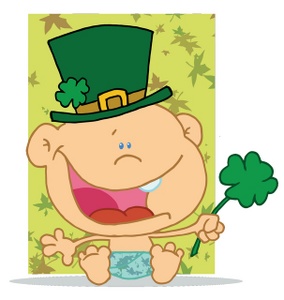 acclaim clipart: a smiling irish newborn with a traditional irish hat and four leaf clover