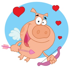 acclaim clipart: a smiling pig cupid with hearts and his bow and arrow
