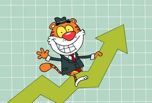 acclaim clipart: a smiling tiger on a rising graph arrow