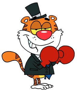 acclaim clipart: a smug tiger wearing boxing gloves and a top hat