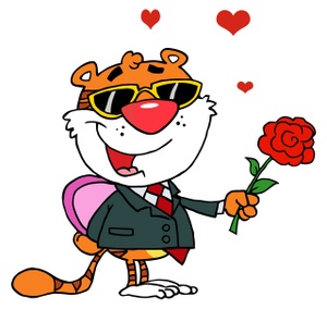 acclaim clipart: a tiger in a suit with a rose and a box of chocolates
