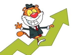 acclaim clipart: a tiger riding a rising graph arrow