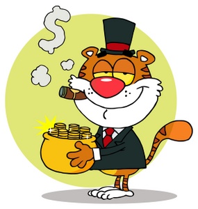 acclaim clipart: a tiger smoking a cigar and holding a pot of gold