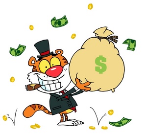 acclaim clipart: a tiger with a cigar holding a large bag of money