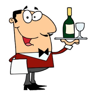 acclaim clipart: a waiter holding a bottle and glass of wine