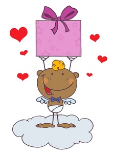acclaim clipart: an african american cupid with a purple valentine gift box