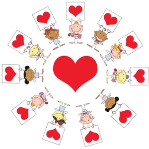 acclaim clipart: angels standing in a circle around a red heart holding valentines