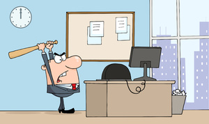 acclaim clipart: angry man at work raedy to bash his computer