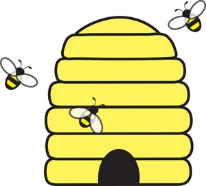 acclaim clipart: beehive with honey bees swarming about
