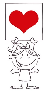 acclaim clipart: black and white angel holding a red heart valentine card
