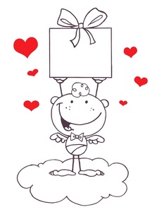 acclaim clipart: black and white cupid with red hearts holding a gift box