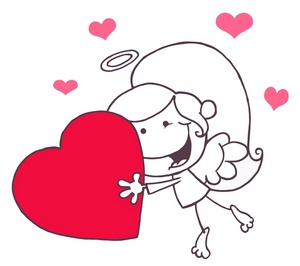 acclaim clipart: black and white female angel with a red valentine heart
