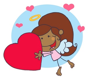 acclaim clipart: black female angel smiling and holding a red valentine heart