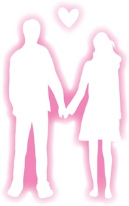 boy and girl couple holding hands in a pink silhouette