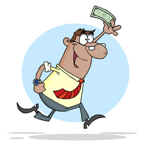 acclaim clipart: businessman cartoon running and waving money
