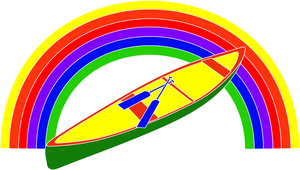acclaim clipart: canoe with oars or paddles underneath a rainbow in this canoeing icon graphic