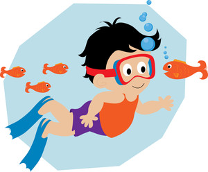 cartoon boy swimming with the fishes
