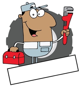 acclaim clipart: cartoon plumber with toolbox and pipe wrench