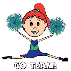 cheerleader with pom poms and go team text