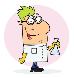 chemist or scientist in lab coat with beaker