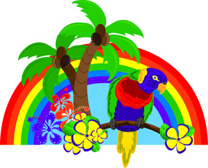 clip art illustration of a beautiful colorful parrot sitting on a branch the background has a rainbow and palm trees