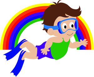clip art image of a boy scuba diving with a rainbow in the background