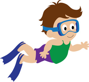 clip art image of a young boy swimming with goggles and flippers