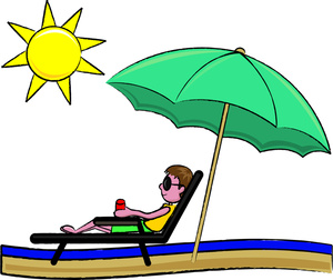 acclaim clipart: clipart illustration of a young man relaxing on the beach on a lounge chair under an umbrella on a hot sunny day