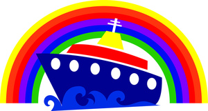 cruise ship travel icon showing a cruise ship on the open seas underneath a rainbow