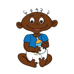 cute black or african american baby in diaper holding baby bottle