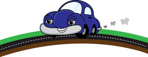 acclaim clipart: cute cartoon car with smiling face taking a drive down the road