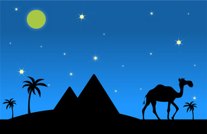 egyptian scene  camel pyramids and palm trees under a starry night sky in egypt