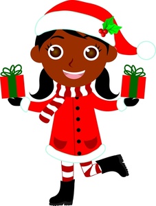 acclaim clipart: ethnic child a girl dressed for the holidays and holding christmas presents