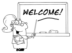 acclaim clipart: female professor welcoming her students back to school