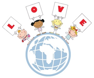 acclaim clipart: four angels standing on the globe holding cards that spell love