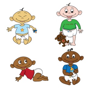 acclaim clipart: four funny looking cartoon babies of various nationalities  tolerance and diversity