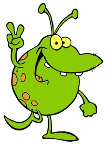 friendly green alien from outer space waving the peace sign