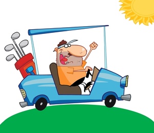 funny cartoon golfer driving a golf cart on a beautiful sunny day
