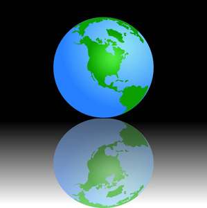 acclaim clipart: globe of the planet earth featuring north america with its reflection against a black background
