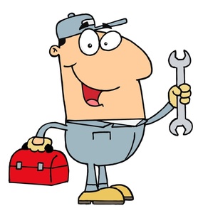 handyman or mechanic holding a toolbox and wrench